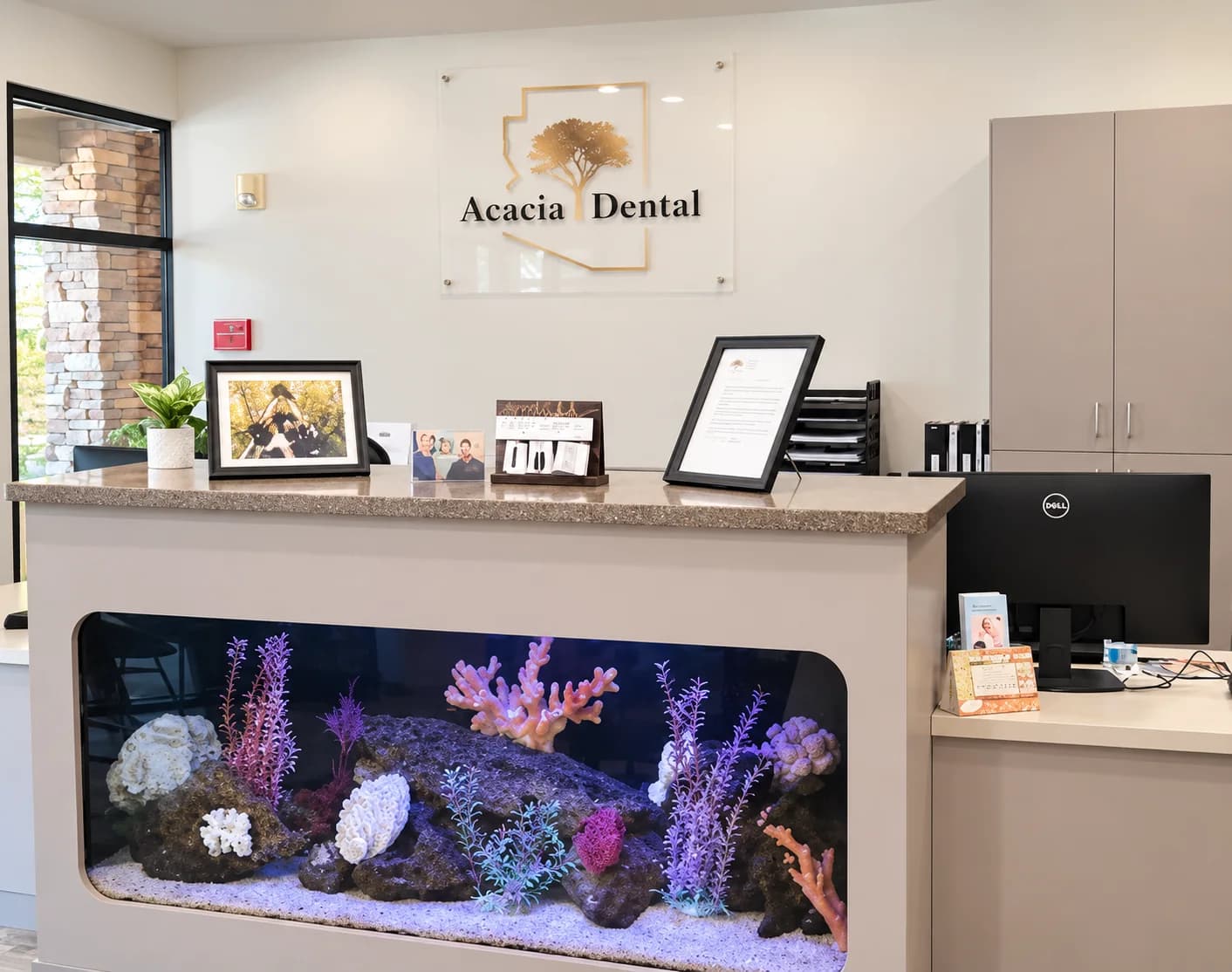Acacia Dental reception desk and aquarium in Tempe